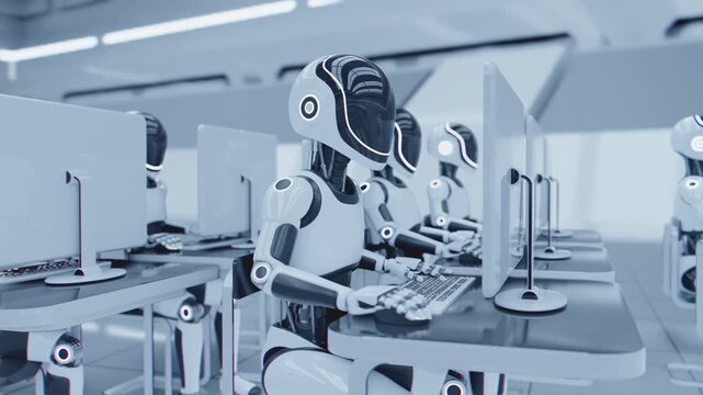 Endless 3d loop of futuristic humanoid robots working at computers. Concept of mass production, factory automation, robotics industry and advanced technology workforce in a sci-fi warehouse