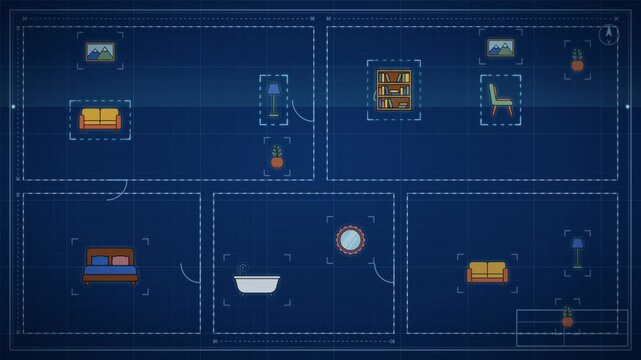 Interior design floor plan blueprint with furniture icons arranged in rooms for home planning