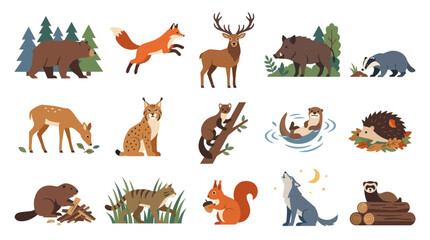 Obraz premium Flat Style Vector Icons of Forest Animals in Nature