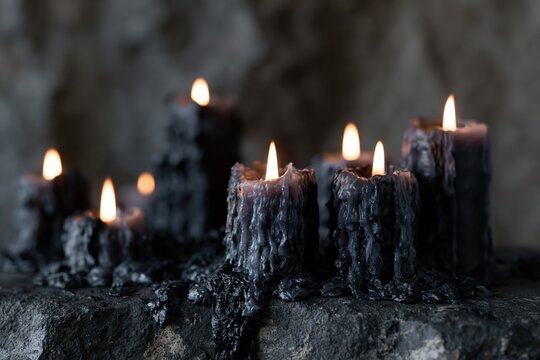 Dripping black wax pooling around lit candles on a stone surface, showcasing multiple candles with flickering flames in a dimly lit environment