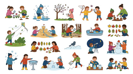 Fototapeta premium Children Enjoying Outdoor Activities and Seasons in Flat Vector Art Style