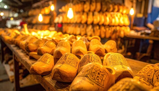 Traditional Wooden Dutch Clogs, Klompen, Displayed in a Rustic Shop with Warm Lighting, Featuring Intricate Carvings and Rows of Handcrafted Footwear, Cultural Souvenir and Artisan Craftsmanship