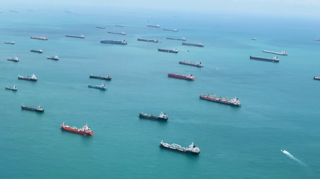 Aerial View of Numerous Cargo Ships and Tankers Anchored at Sea