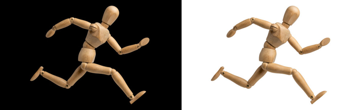Wooden Mannequin Running Pose Isolated on Transparent Background, Speed Competition Fitness and Active Lifestyle Concept