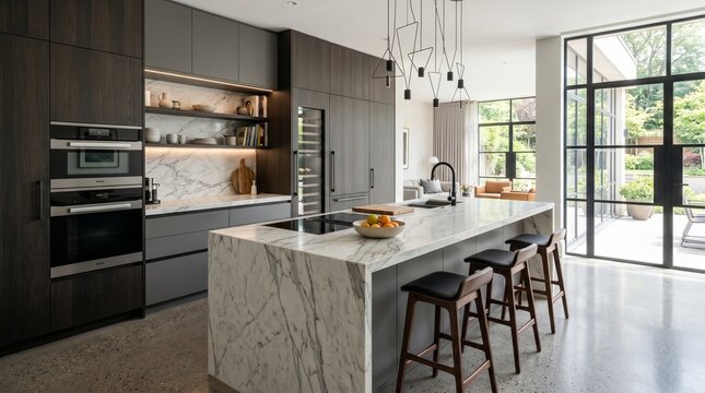 Modern kitchen island with marble countertop and bar stools in bright natural light interior design