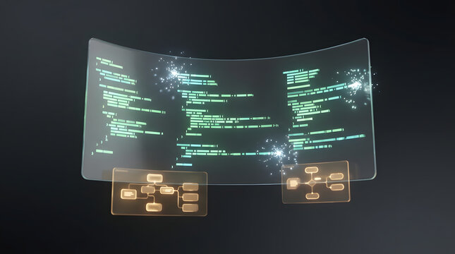 Abstract digital interface with glowing green programming code lines and data network nodes