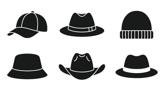 Minimalist hat icon set with 6 black vector silhouettes, stylish headwear collection including baseball cap, fedora, beanie, bucket hat, and cowboy hat