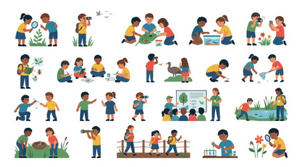 Fototapeta premium Children exploring nature and science outdoors, flat vector illustration