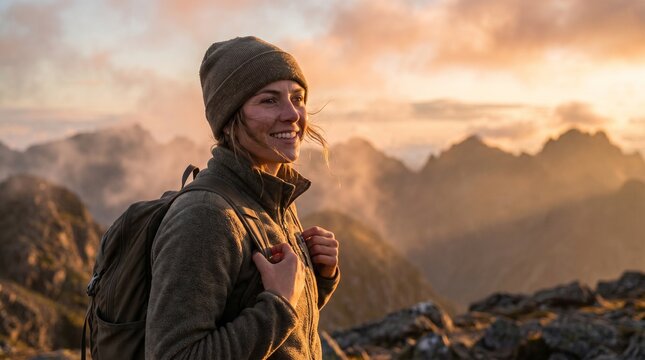 Portrait of a beautiful young woman hiking in the mountains at sunrise with a backpack