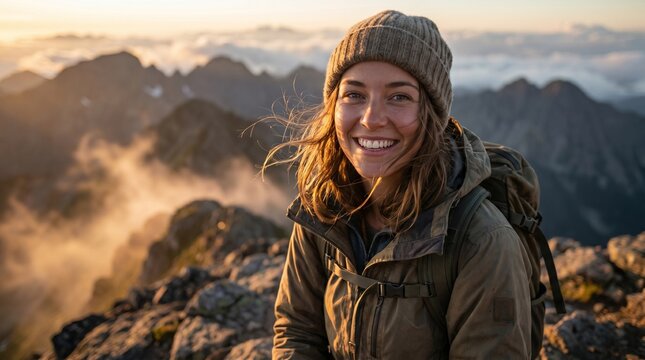 Portrait of a beautiful young woman hiking in the mountains at sunrise with a backpack