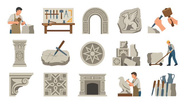 Stone Sculpture, Masonry, and Carving Tools Vector Icons