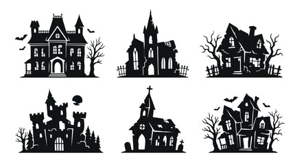 Obraz premium Spooky haunted house silhouettes, set of 6 gothic mansion and castle icons, black and white halloween architectural elements for graphic design