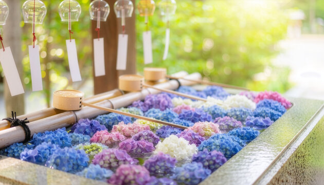 あじさいが浮かぶ手水舎の花手水と風鈴が涼を呼ぶ初夏の和の風景