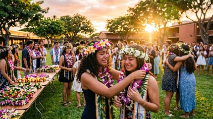 Fototapeta premium High school graduation lei ceremony with teenage girls exchanging floral garlands in outdoor celebration at sunset, crowd of family and graduates gathering on campus lawn
