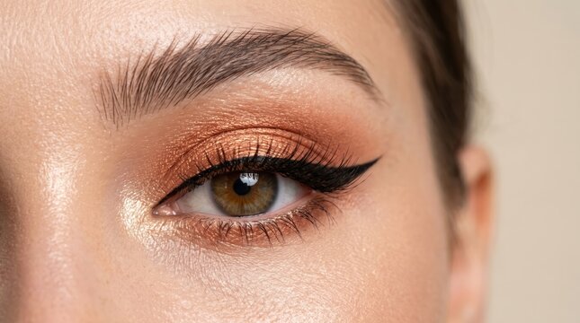 Close up of single female eye with shimmery copper eyeshadow and bold winged eyeliner, highlighted inner corner and long lashes showcasing makeup detail and skin texture