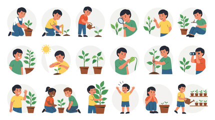 Fototapeta premium Kids Gardening Plant Growth - Vector Illustrations in Flat Art Style