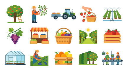 Naklejka premium Agriculture and Fruit Production Flat Vector Illustration Set. Farm work, Harvesting, Orchard, Market Icons