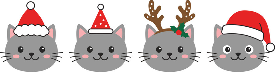 Cute cartoon cats wearing christmas hats and reindeer antlers isolated on white background © firoz