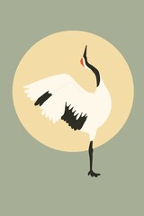 Fototapeta premium Elegant Crane with Moon Circle, Korean art, Zen Wall Art Poster