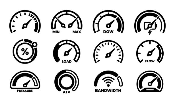 Minimalist speed indicator linear icons collection with tachometer gauge and internet speed outline symbols for digital layouts
