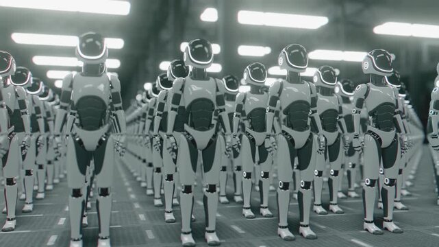 Endless 3d animation loop of a futuristic humanoid robot army marching in place together. Concept of mass automation, artificial intelligence taking over and technology workforce in a sci-fi cyber wor