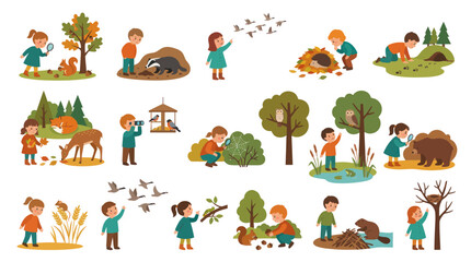 Obraz premium Children Exploring Nature Wildlife: Educational Flat Vector Illustration Set