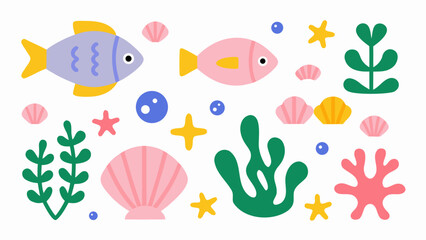 Fototapeta premium Cute Sea Life Vector Illustration Set with Fish and Sea Shells