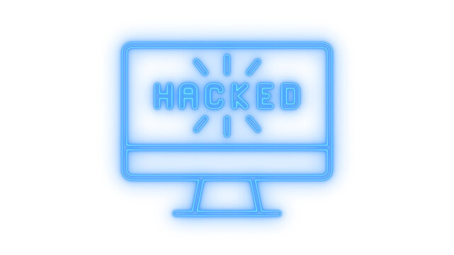 Glowing neon computer hacked icon isolated on transparent background. Cyber security breach. Digital warning sign. System alert. Malware threat notice.