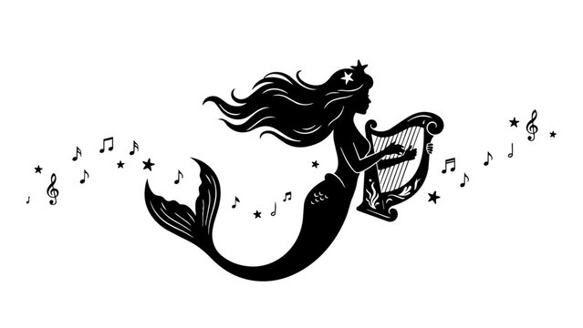 Mermaid playing harp silhouette vector illustration with musical notes