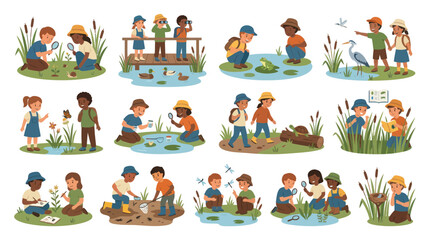 Fototapeta premium Children Exploring Nature and Wildlife with Magnifying Glasses and Binoculars