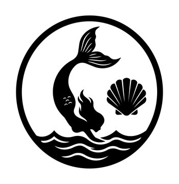 Mermaid silhouette vector icon with seashell and waves in a circle frame