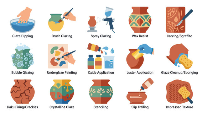 Pottery and Ceramic Glazing Decoration Techniques Flat Vector Icons Set. Art Craft Process Illustration.