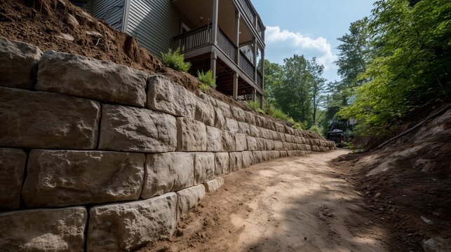 Stone block retaining wall on sloped yard preventing soil erosion beside house and walkway, with soil, vegetation and deck visible.