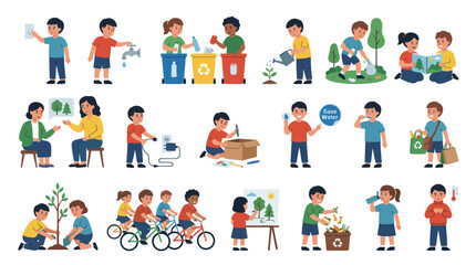 Fototapeta premium Kids practicing eco-friendly habits like recycling, saving water, planting trees, and biking