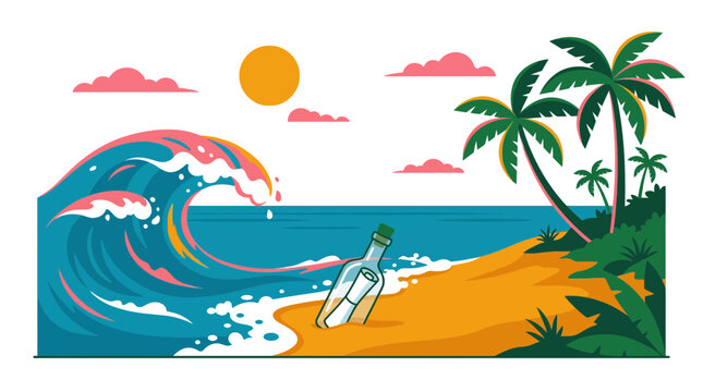 Message in a Bottle Washed Ashore on Tropical Beach with Crashing Wave