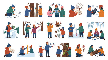 Fototapeta premium Children learning about nature in winter, flat vector illustration