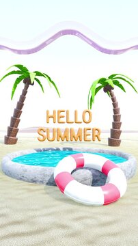 Summer loop animation with inflatable ring, pool, palm and sand. 3d rendering and 4K stock video