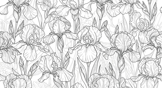 Beautiful seamless floral pattern featuring detailed black and white line art drawings of many blooming iris flower heads and leaves.