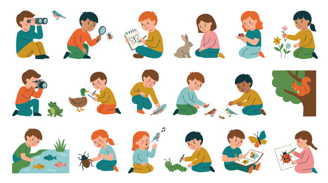 Children Exploring Nature with Binoculars, Camera, Magnifying Glass, and Notebook