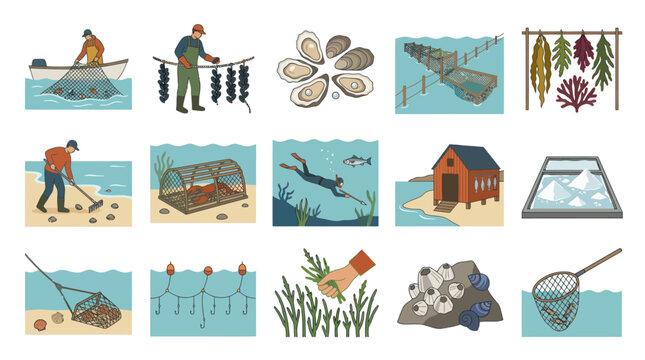 Seafood Farming Vector Icons: Aquaculture, Fishing Gear, Marine Life, and Coastal Industries
