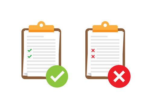 two clipboards with check marks and cross signs side by side