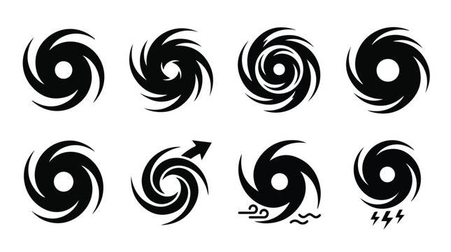 Hurricane and tornado icons set, black spiral storm symbols for weather forecasting, 8 vector cyclone and typhoon warning signs on white background