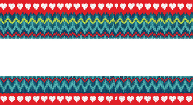 Colorful seamless border with knitted textures featuring small white hearts and ethnic zigzag patterns in bright red and blue colors.