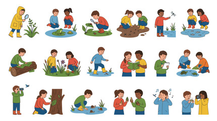 Fototapeta premium Education and Nature: Cartoon Style Children Exploring Outdoors - Science and Learning Activities Vector Illustration Set
