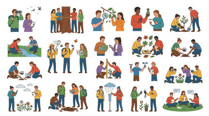 Fototapeta premium Environmental Science Ecology Flat Vector Illustration Set: People Studying Nature Researching Environment