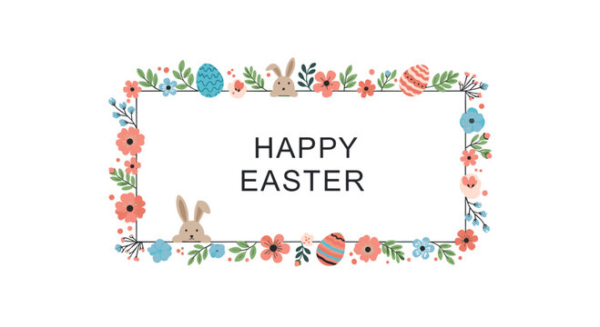Rectangular floral frame with cute easter bunnies and colorful eggs surrounding the words happy easter in the center of the design.