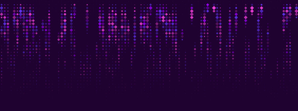 Abstract Digital Rain Background with Glowing Purple Diamond Particles for Technology and Data Visualization Concepts