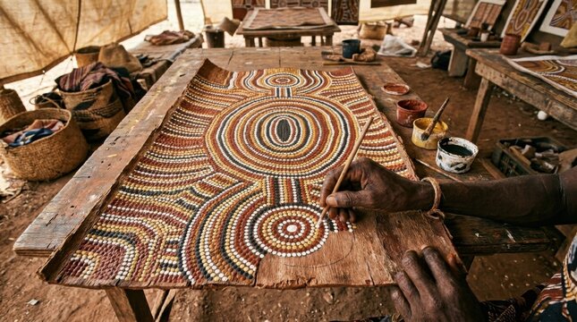 Indigenous Australian artist creating a traditional dot painting in a rustic workshop.
