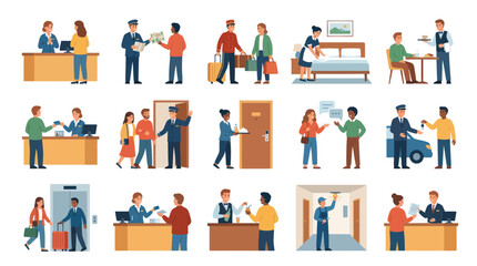 Fototapeta premium Hotel Hospitality Services Flat Vector Illustration Set: Guests Checking In, Room Service, Bellboy, and Valet