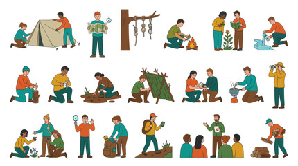 Fototapeta premium Outdoor Camping Activities Survival Skills Vector Set - Flat Illustration